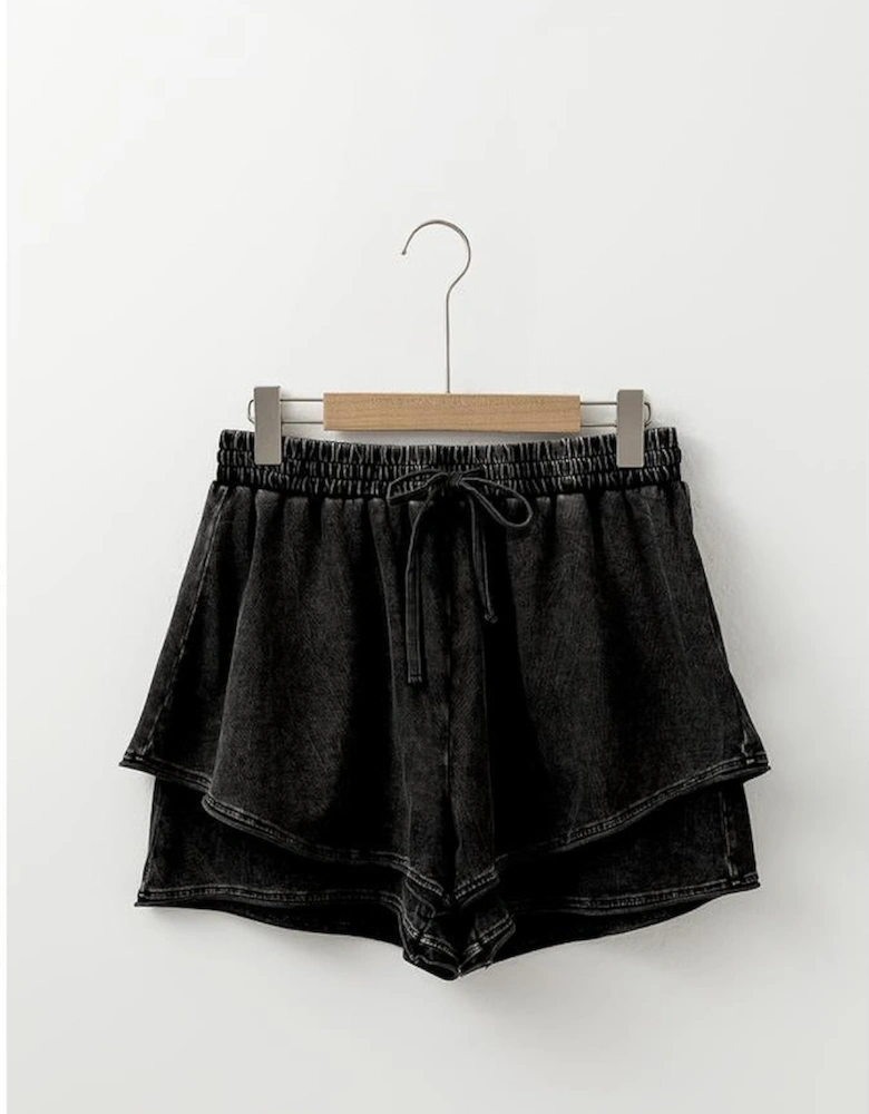 Black Mineral Wash French Terry High Waist Casual Shorts