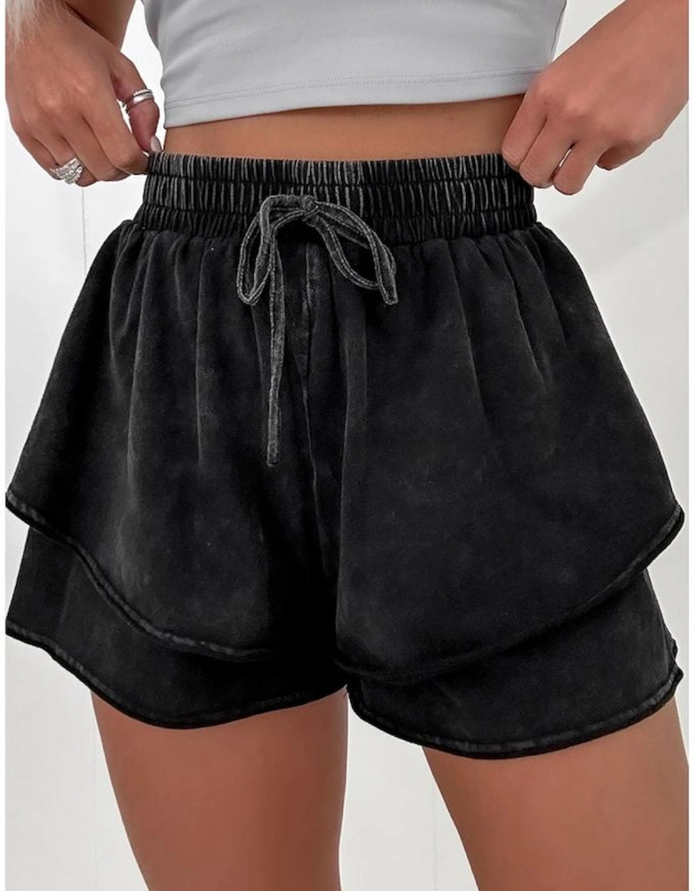 Black Mineral Wash French Terry High Waist Casual Shorts