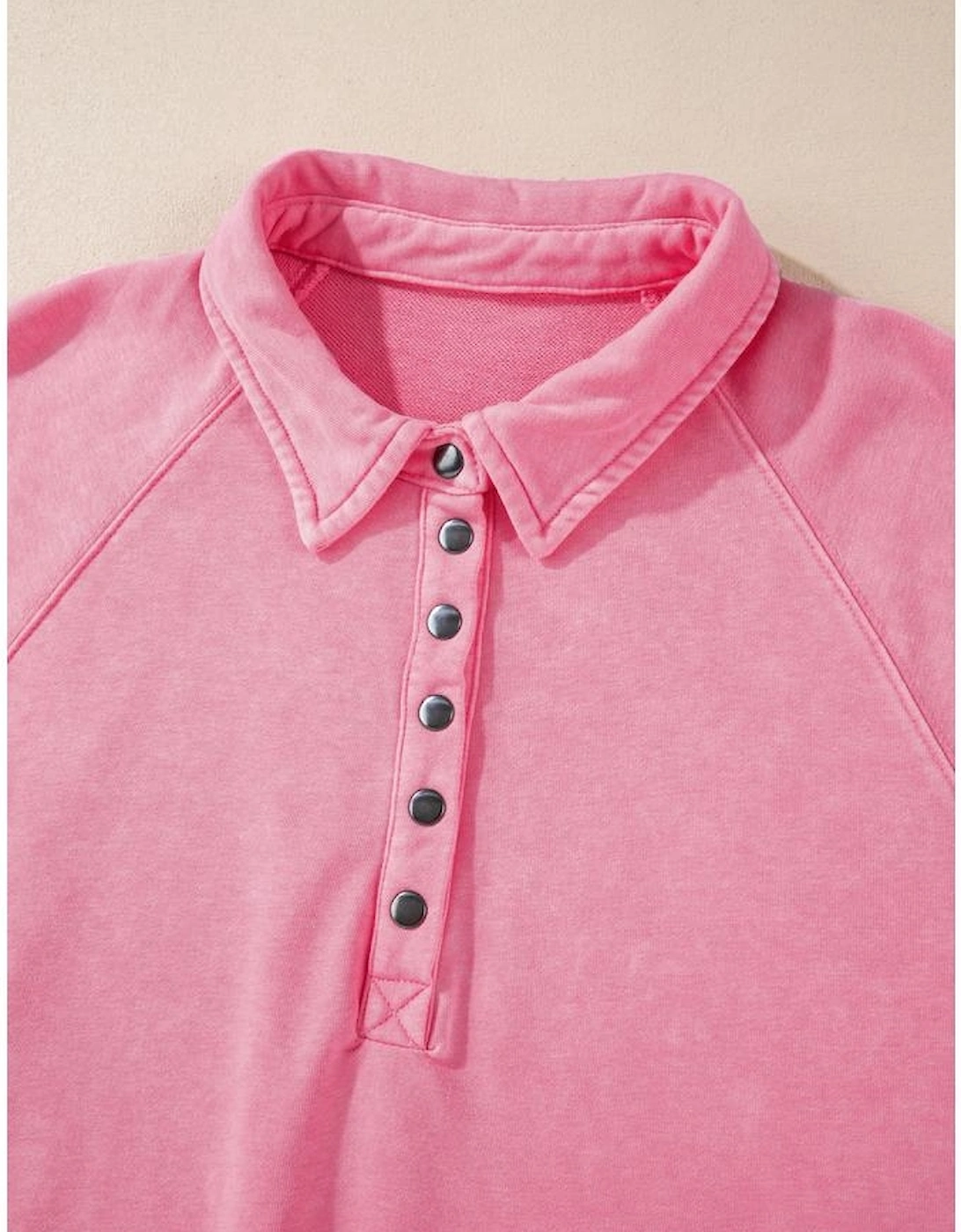 Pink Solid Snap Buttons Collared Balloon Sleeve Oversized Sweatshirt