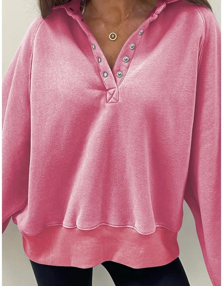 Pink Solid Snap Buttons Collared Balloon Sleeve Oversized Sweatshirt