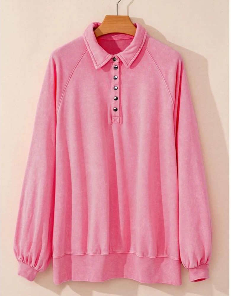 Pink Solid Snap Buttons Collared Balloon Sleeve Oversized Sweatshirt