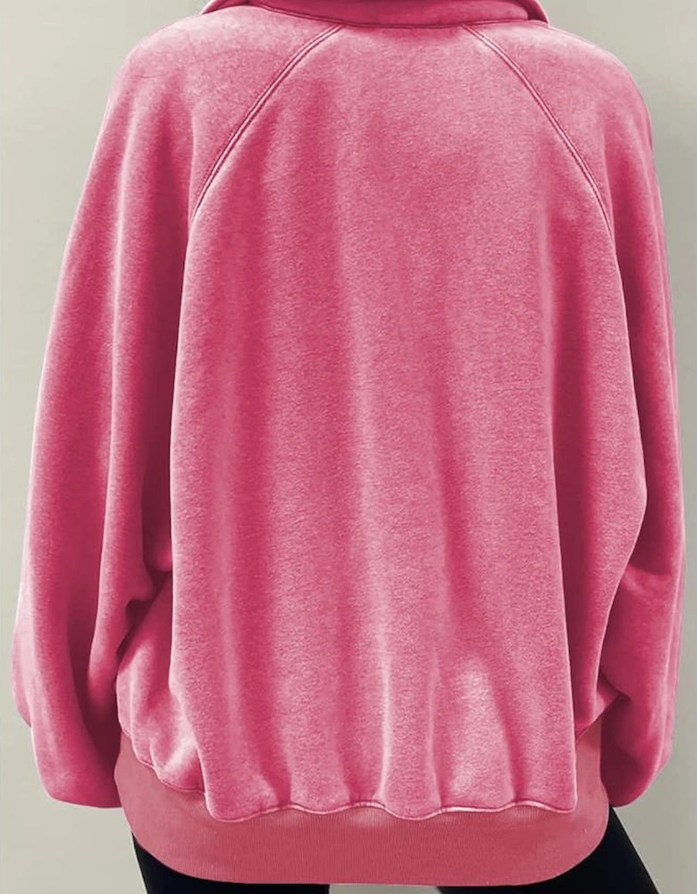 Pink Solid Snap Buttons Collared Balloon Sleeve Oversized Sweatshirt