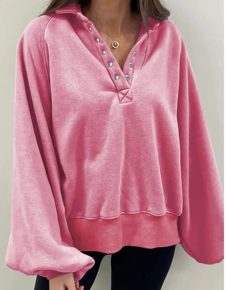 Pink Solid Snap Buttons Collared Balloon Sleeve Oversized Sweatshirt