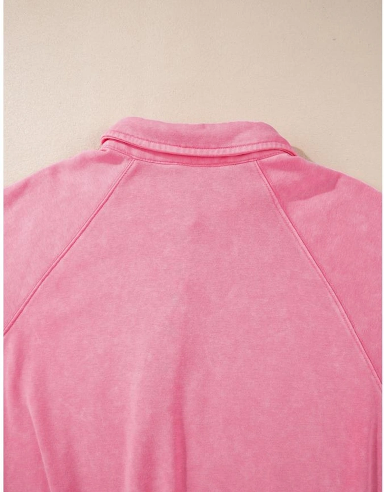 Pink Solid Snap Buttons Collared Balloon Sleeve Oversized Sweatshirt