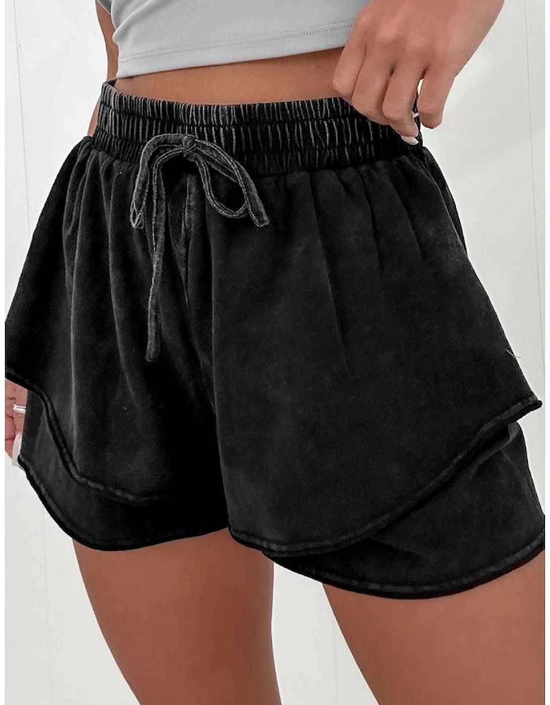 Black Mineral Wash French Terry High Waist Casual Shorts, 13 of 12