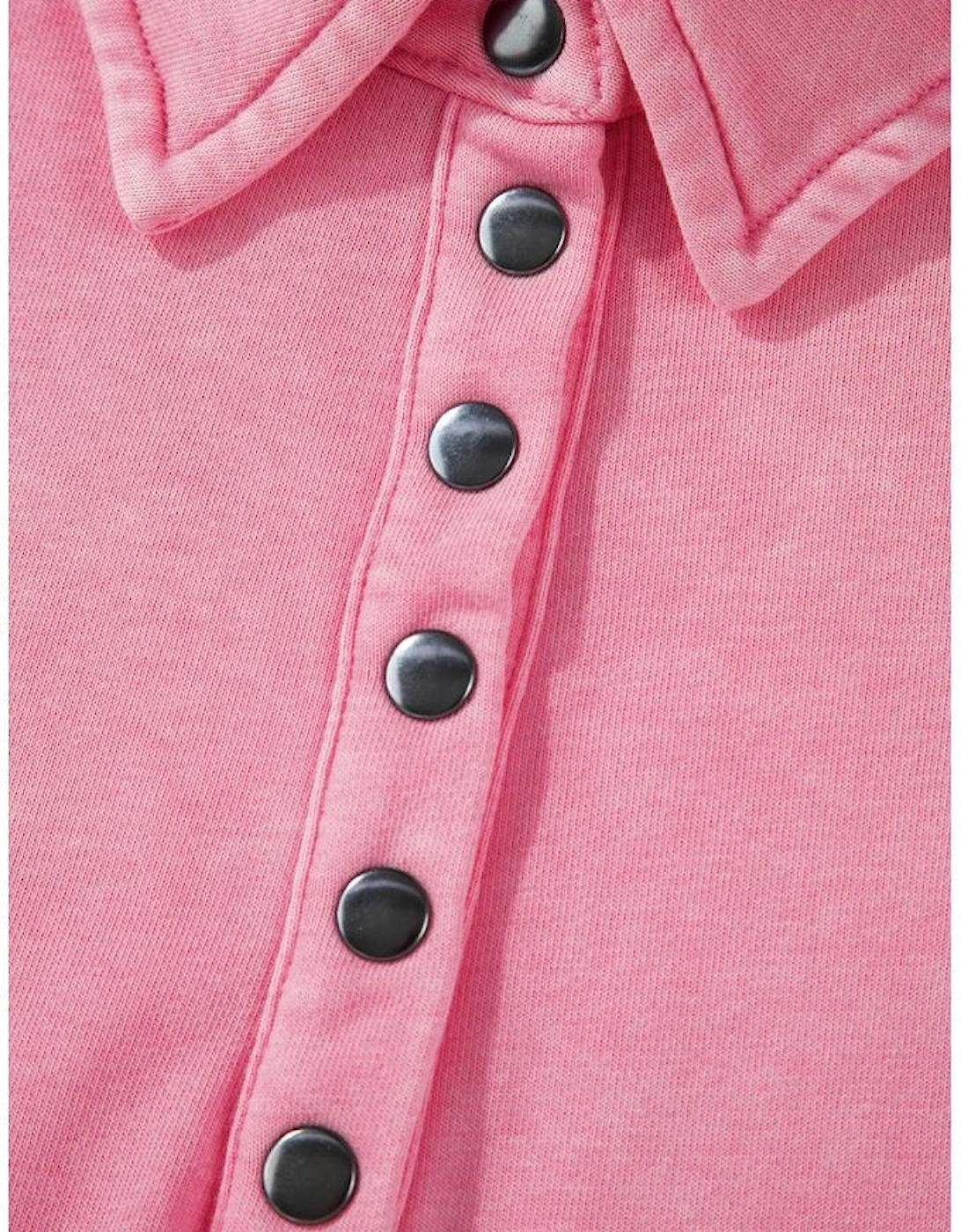 Pink Solid Snap Buttons Collared Balloon Sleeve Oversized Sweatshirt