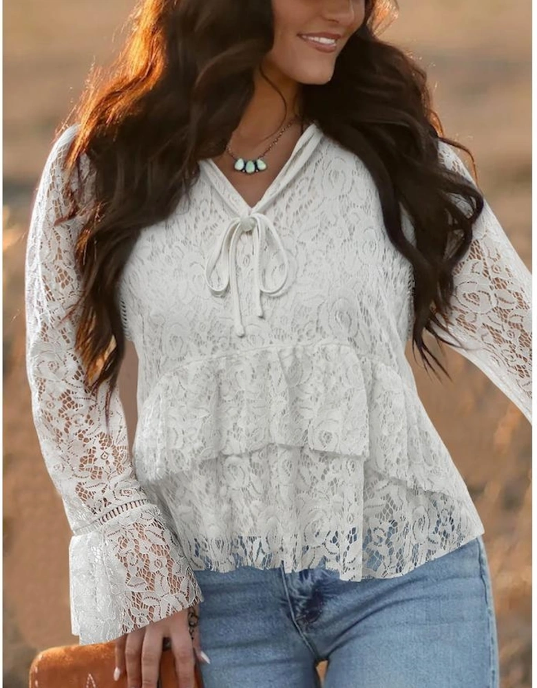 White Tie V Neck Lace Ruffle Detail Long Sleeve Blouse