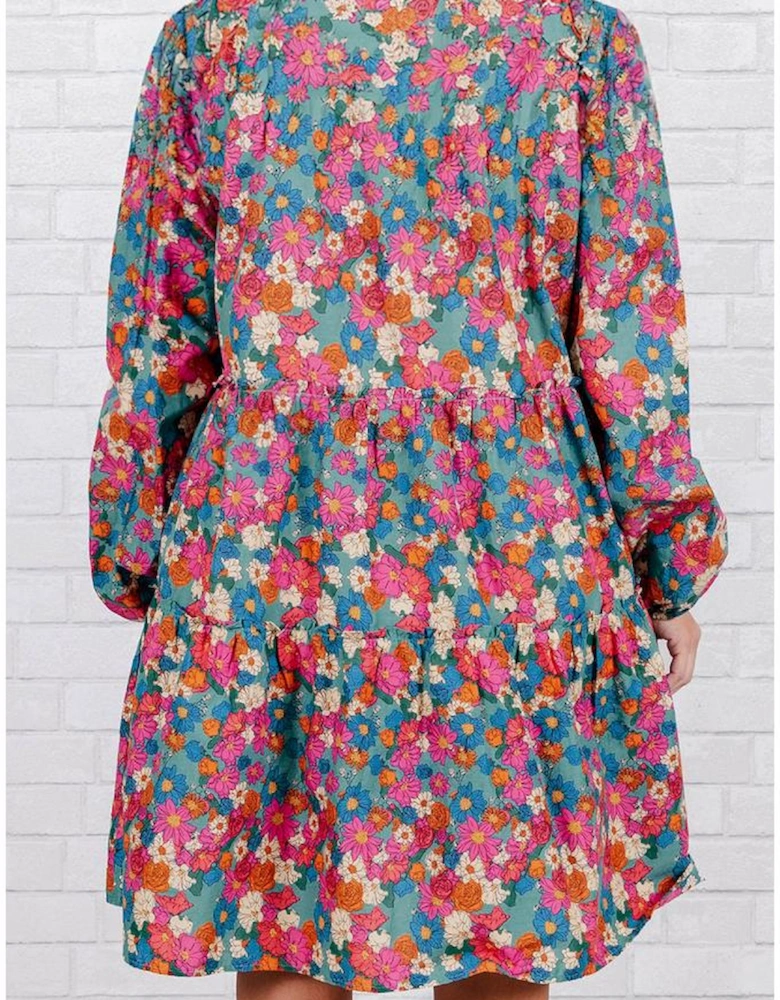 Sky Blue Plus Size Floral Print Shirred Ruffle Tiered Mini Dress