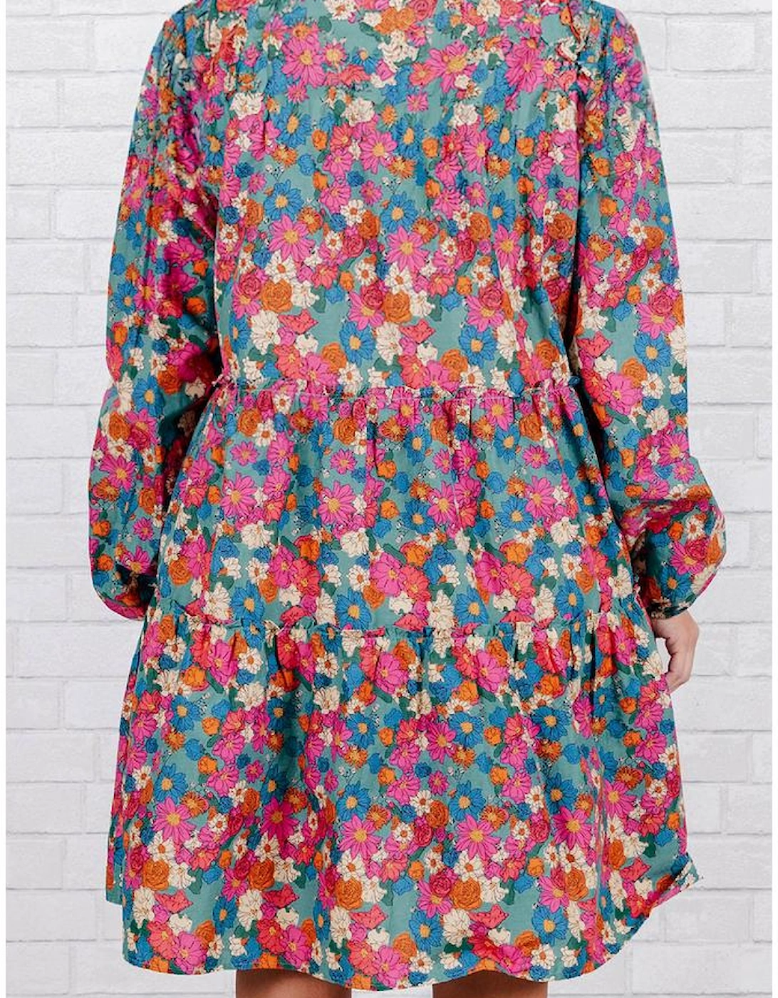 Sky Blue Plus Size Floral Print Shirred Ruffle Tiered Mini Dress, 13 of 12