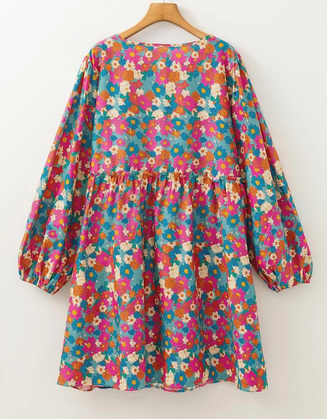 Sky Blue Plus Size Floral Print Shirred Ruffle Tiered Mini Dress