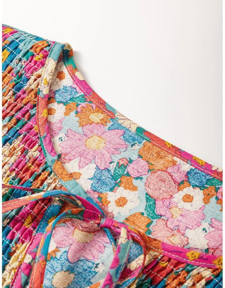 Sky Blue Plus Size Floral Print Shirred Ruffle Tiered Mini Dress