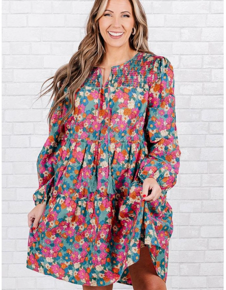 Sky Blue Plus Size Floral Print Shirred Ruffle Tiered Mini Dress