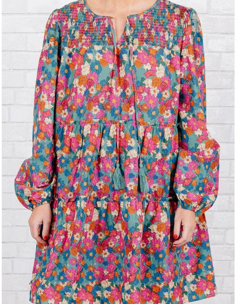 Sky Blue Plus Size Floral Print Shirred Ruffle Tiered Mini Dress