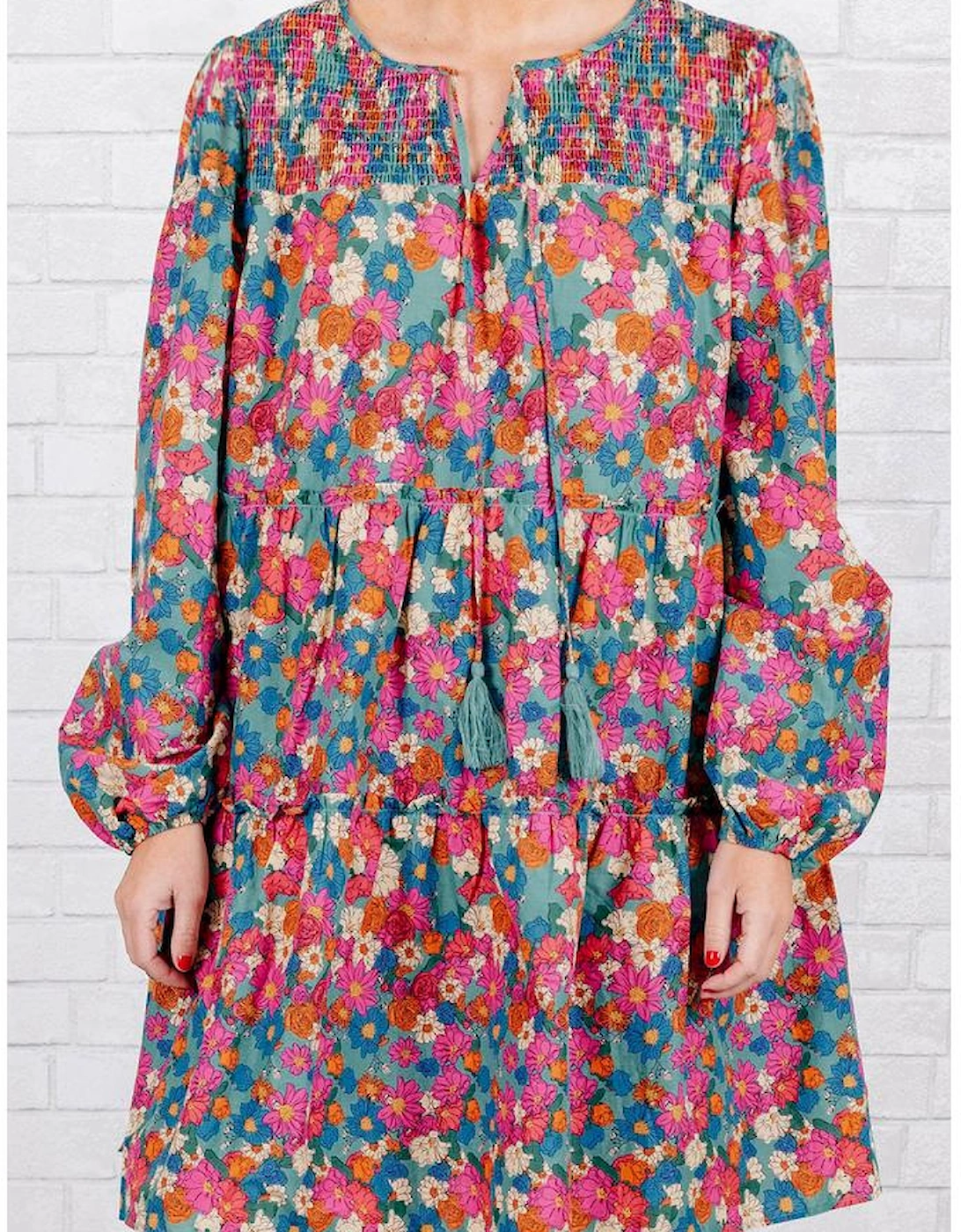 Sky Blue Plus Size Floral Print Shirred Ruffle Tiered Mini Dress