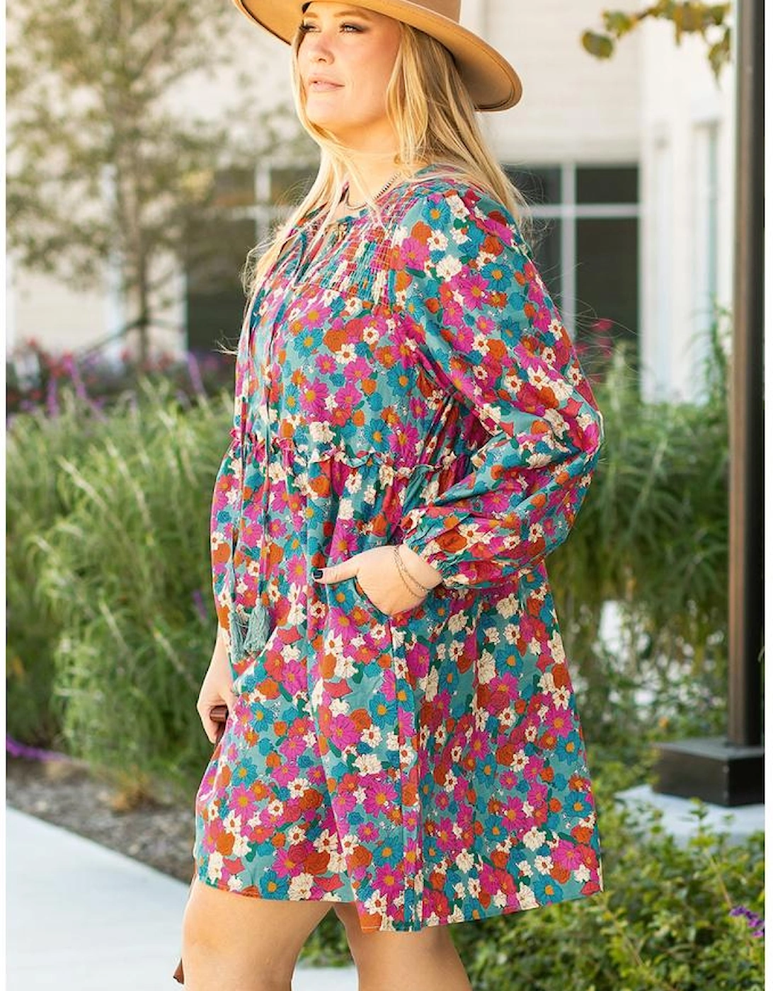 Sky Blue Plus Size Floral Print Shirred Ruffle Tiered Mini Dress