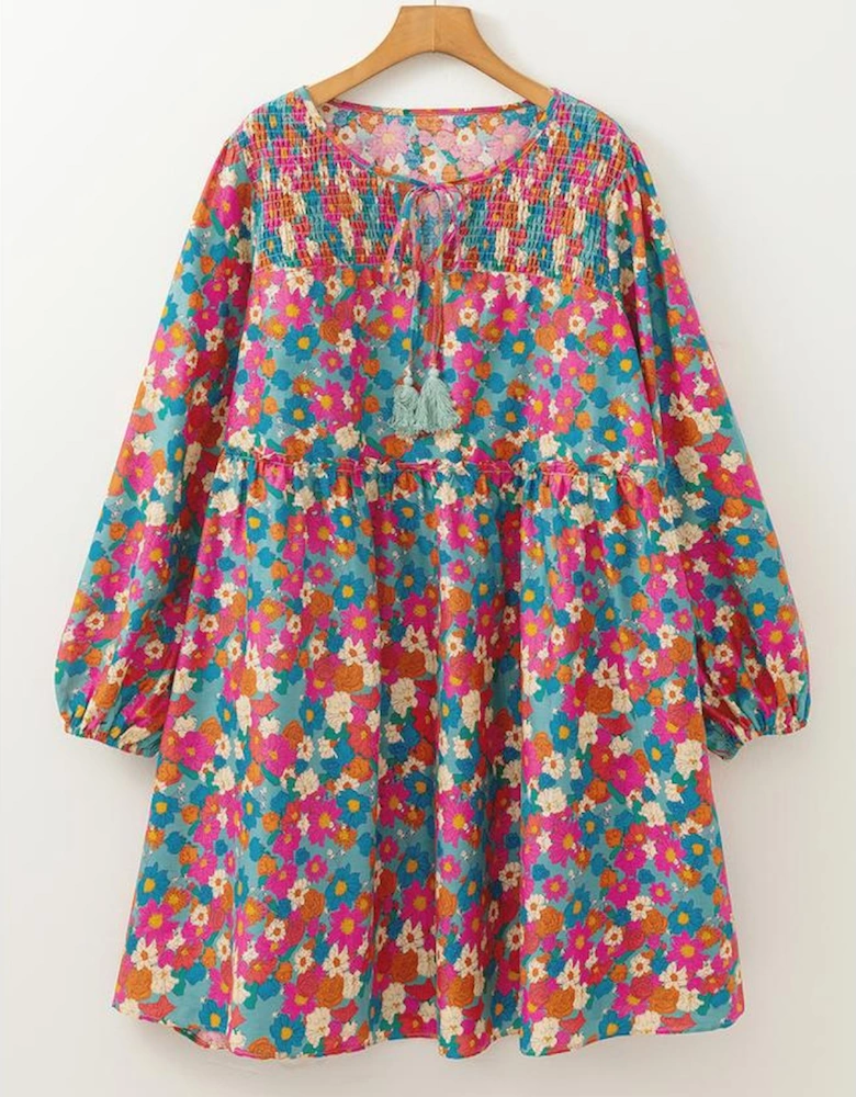 Sky Blue Plus Size Floral Print Shirred Ruffle Tiered Mini Dress