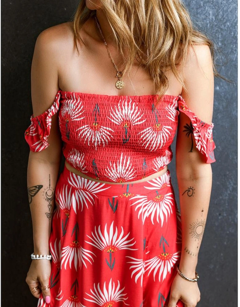 Red Floral Shirred Off Shoulder Crop Top and Slit Maxi Skirt Set