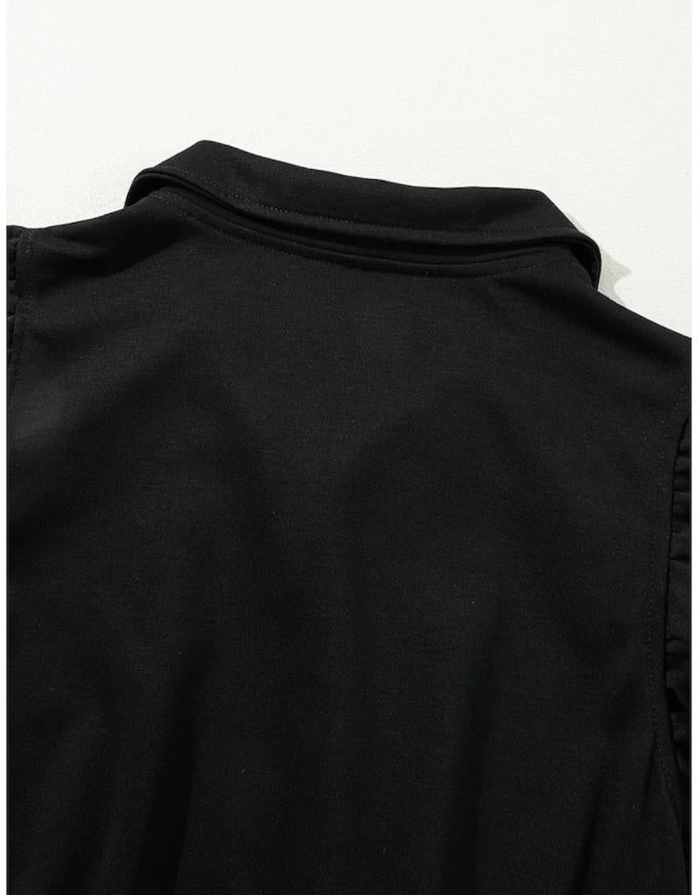 Black Zipper Flutter Sleeve Drawstring High Waist Jumpsuit