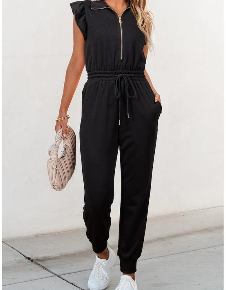 Black Zipper Flutter Sleeve Drawstring High Waist Jumpsuit