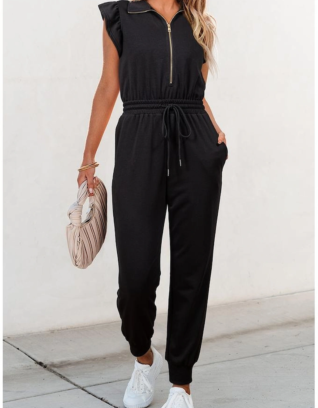 Black Zipper Flutter Sleeve Drawstring High Waist Jumpsuit