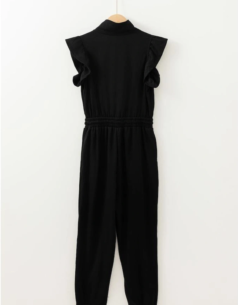 Black Zipper Flutter Sleeve Drawstring High Waist Jumpsuit