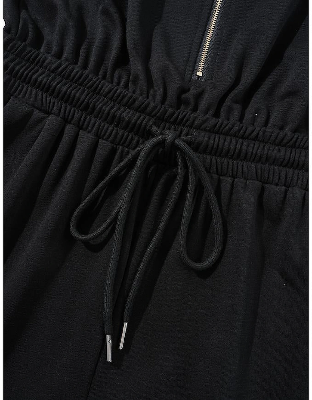 Black Zipper Flutter Sleeve Drawstring High Waist Jumpsuit, 16 of 15