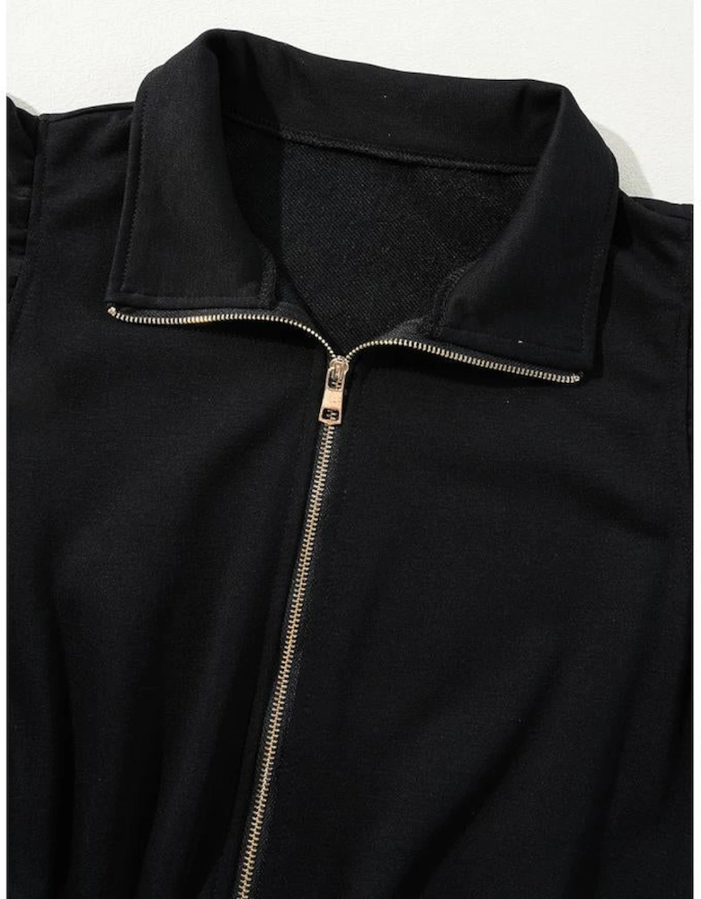 Black Zipper Flutter Sleeve Drawstring High Waist Jumpsuit