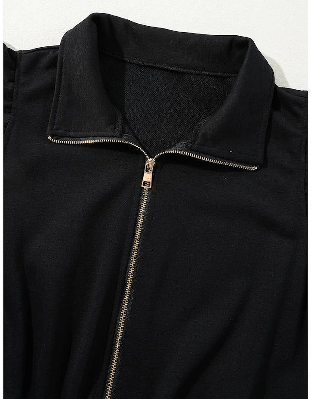 Black Zipper Flutter Sleeve Drawstring High Waist Jumpsuit