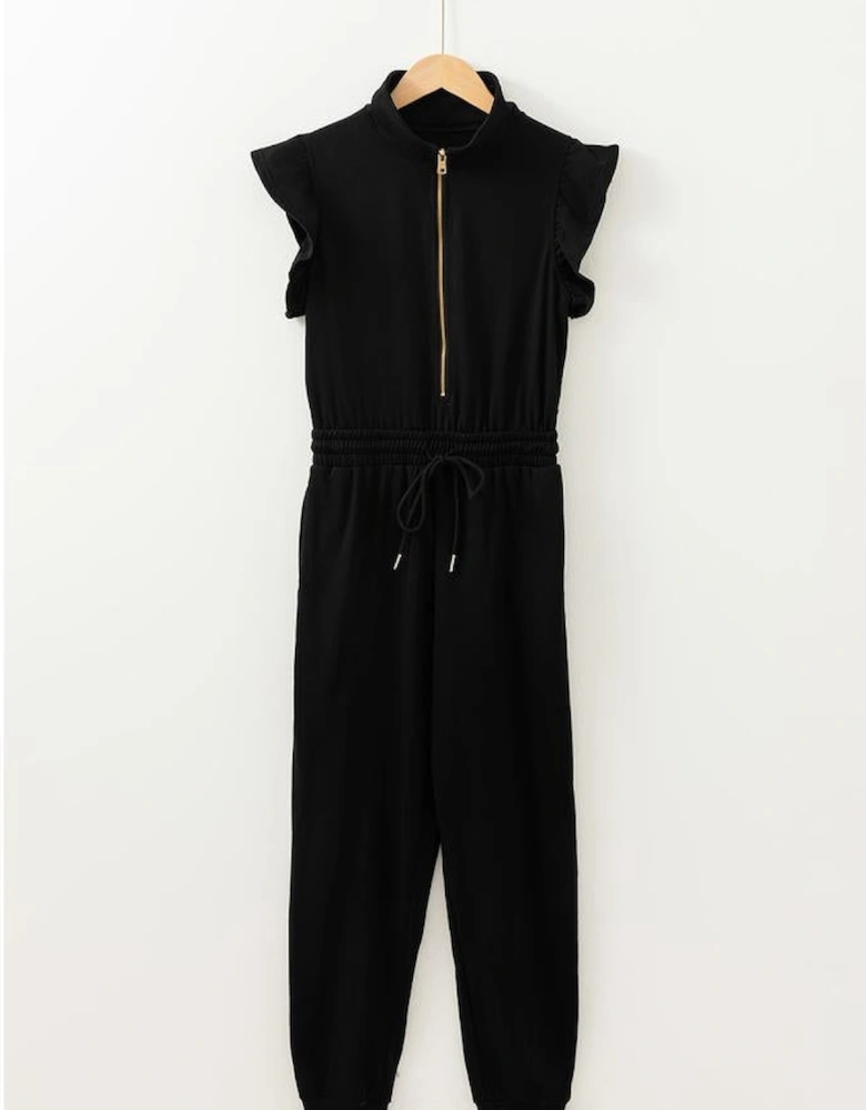 Black Zipper Flutter Sleeve Drawstring High Waist Jumpsuit