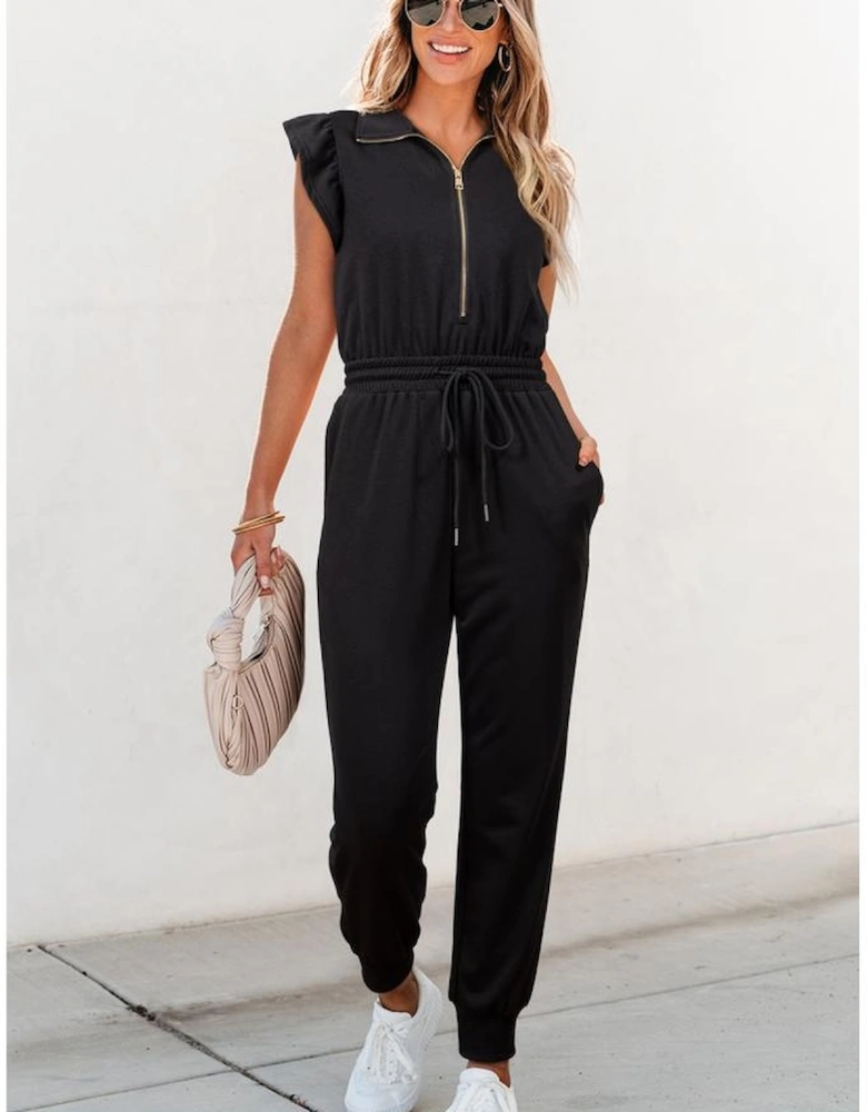 Black Zipper Flutter Sleeve Drawstring High Waist Jumpsuit