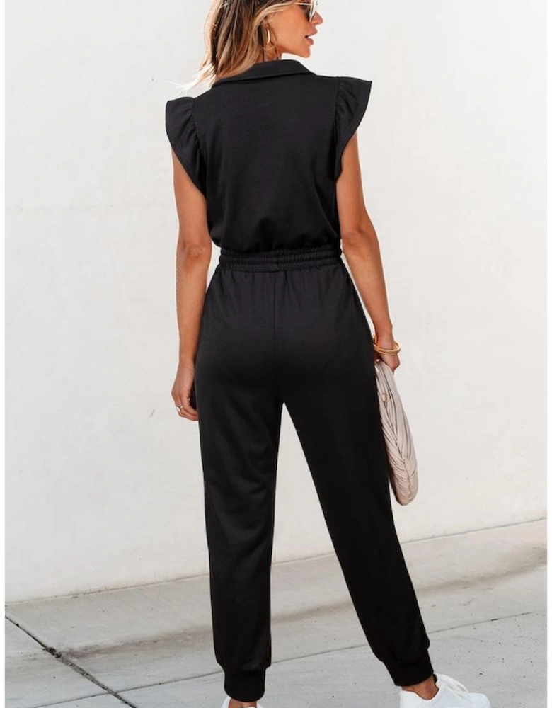 Black Zipper Flutter Sleeve Drawstring High Waist Jumpsuit