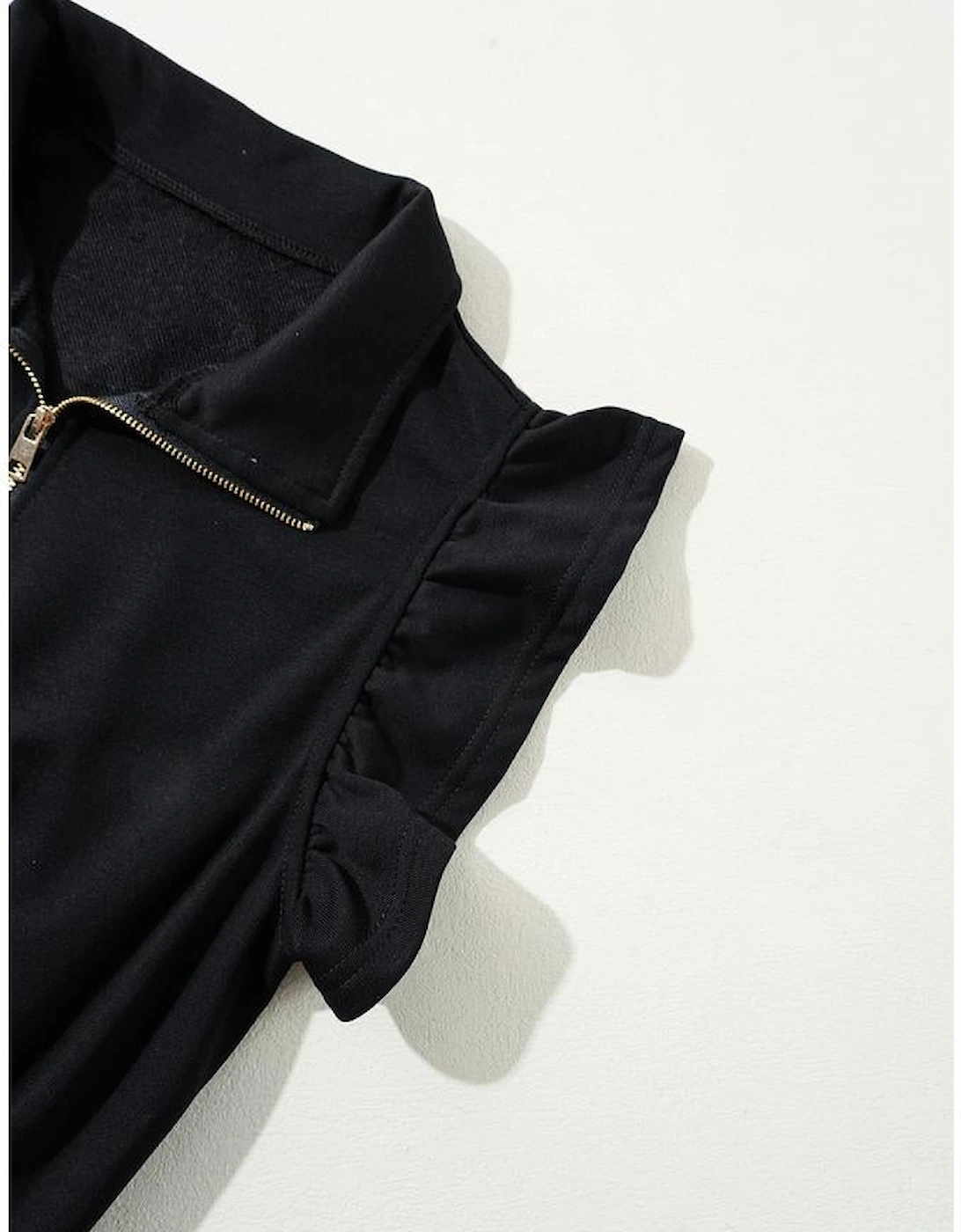 Black Zipper Flutter Sleeve Drawstring High Waist Jumpsuit