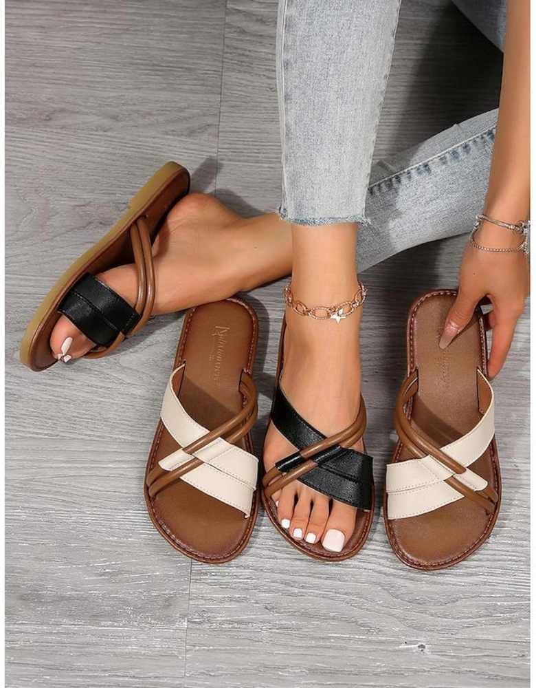 Black Criss Cross PU Leather Flat Slippers