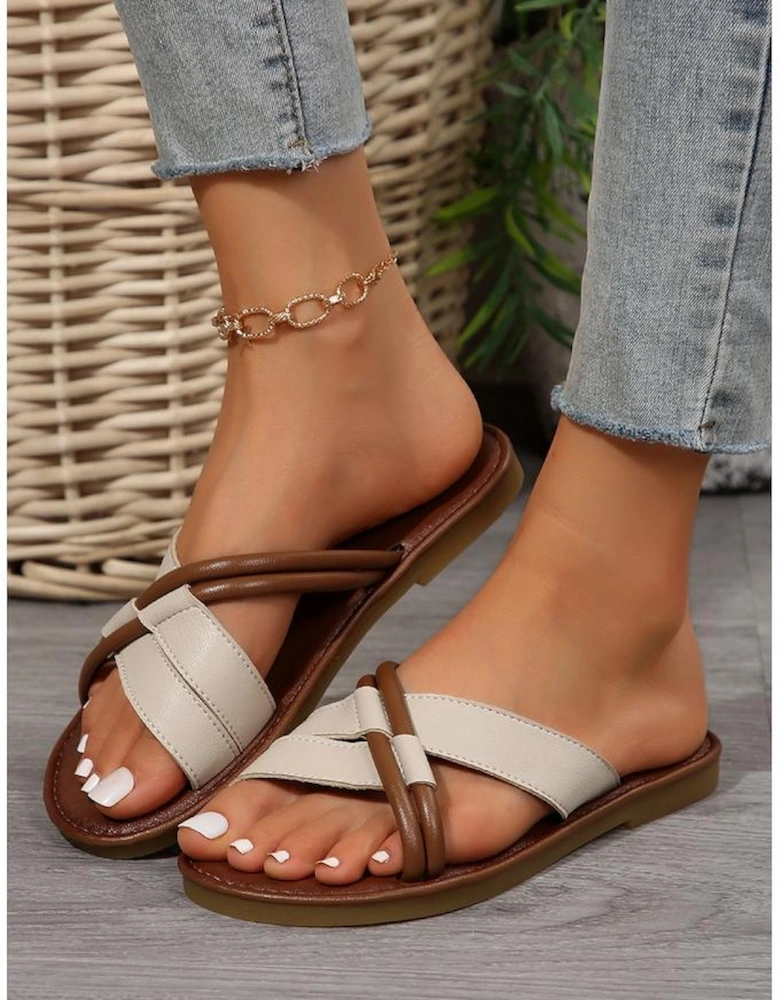 White Criss Cross PU Leather Flat Slippers