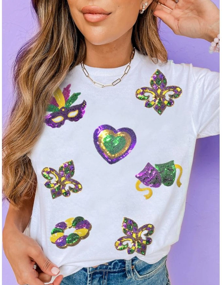 White Sequined Mardi Gras Symbolic Pattern Casual Tee