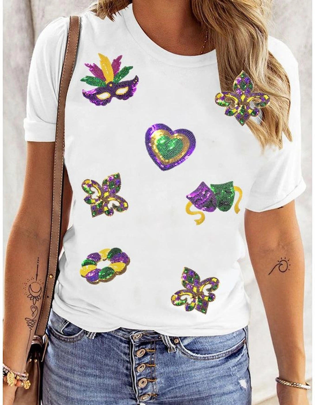 White Sequined Mardi Gras Symbolic Pattern Casual Tee