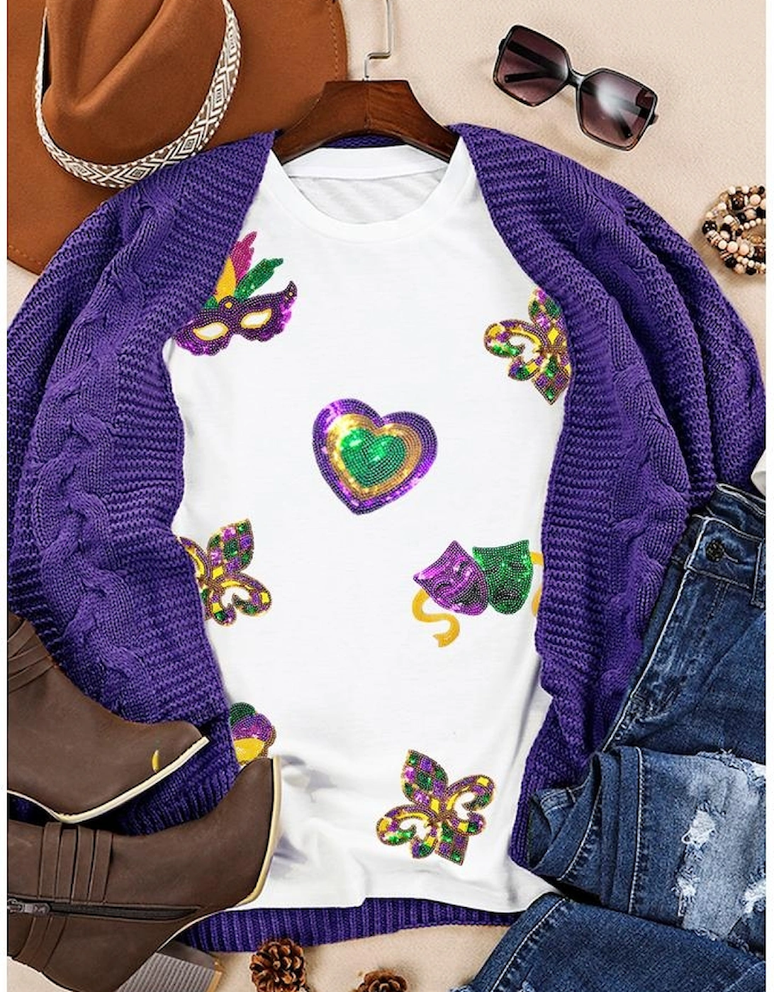 White Sequined Mardi Gras Symbolic Pattern Casual Tee