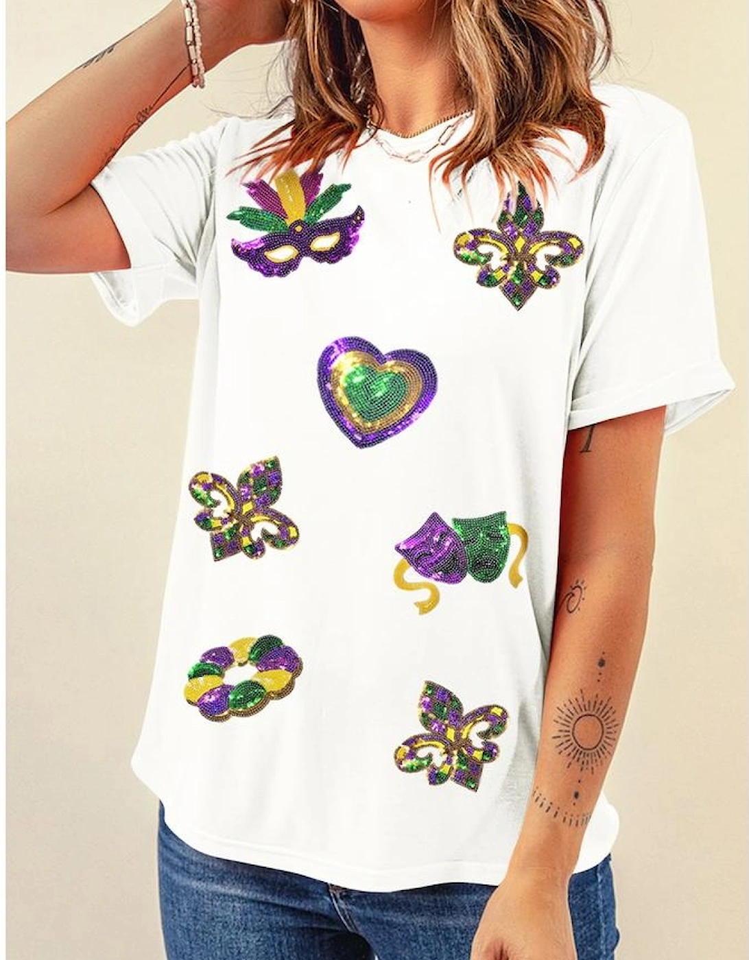 White Sequined Mardi Gras Symbolic Pattern Casual Tee, 6 of 5