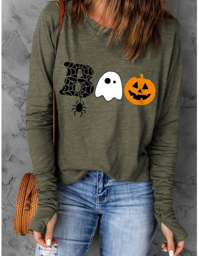 Green Halloween BOO Print Long Sleeve Graphic T Shirt