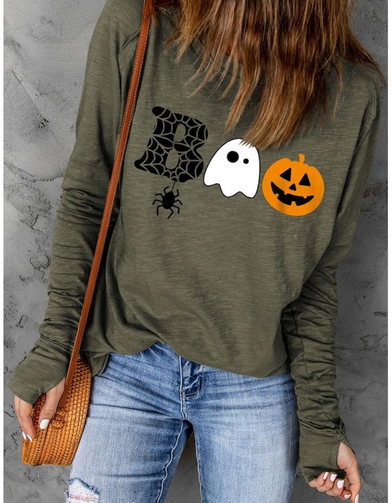 Green Halloween BOO Print Long Sleeve Graphic T Shirt