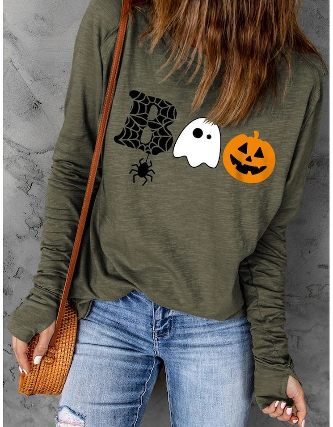 Green Halloween BOO Print Long Sleeve Graphic T Shirt, 4 of 3