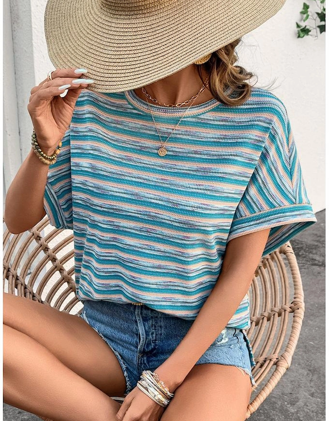 Multicolour Striped Wide Sleeve Loose T Shirt