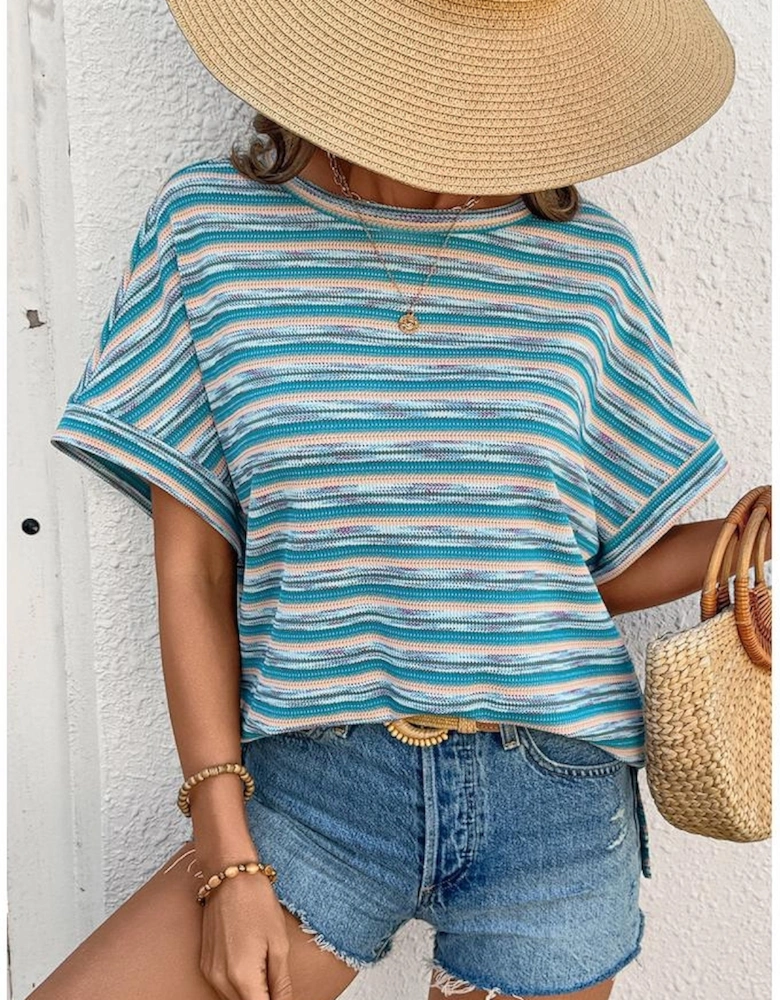 Multicolour Striped Wide Sleeve Loose T Shirt