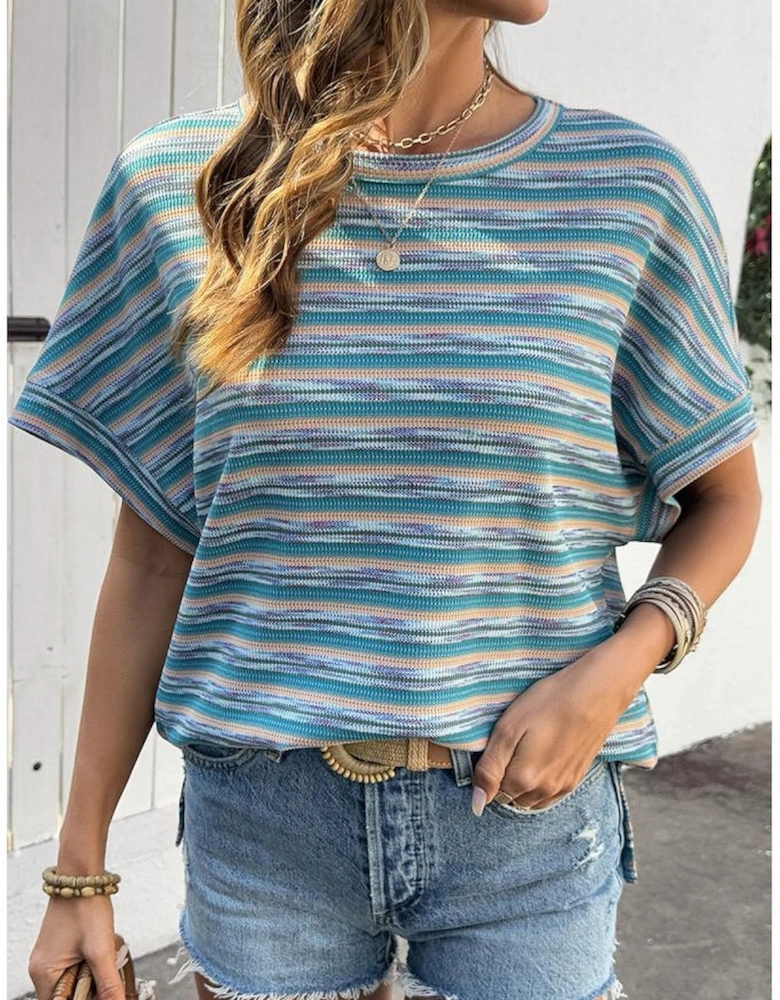 Multicolour Striped Wide Sleeve Loose T Shirt