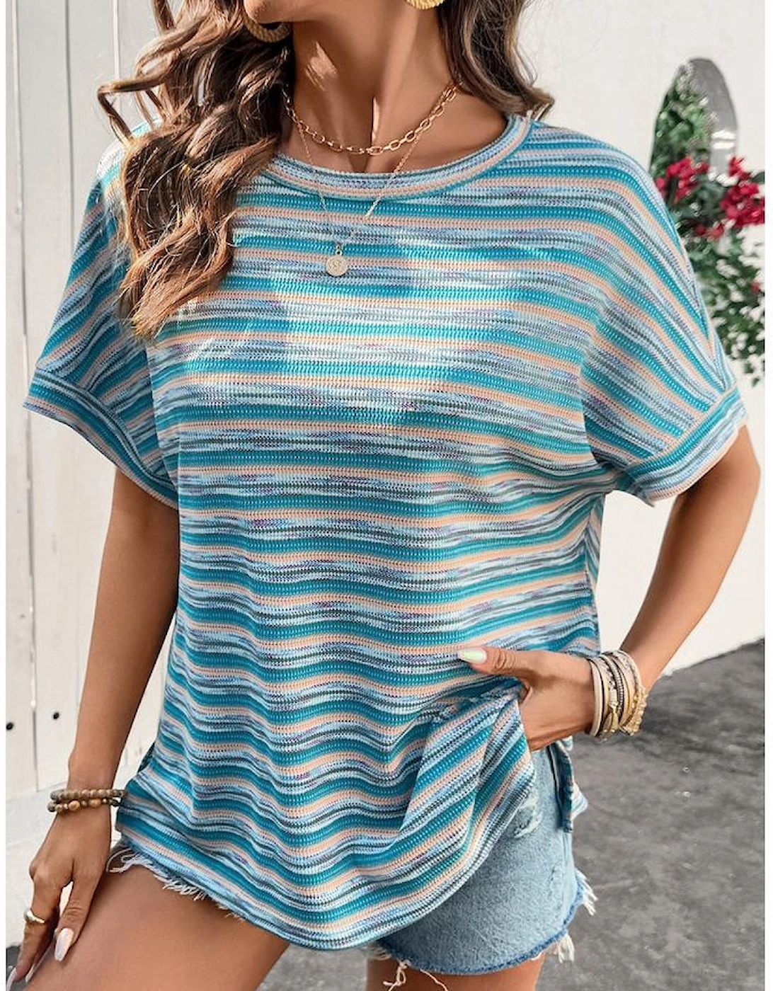 Multicolour Striped Wide Sleeve Loose T Shirt
