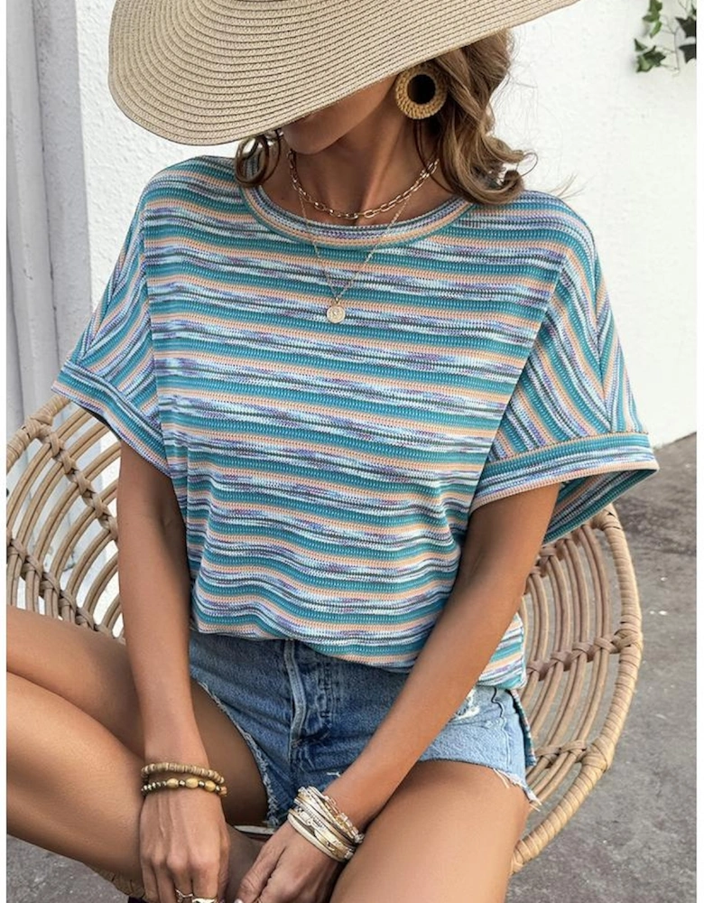 Multicolour Striped Wide Sleeve Loose T Shirt