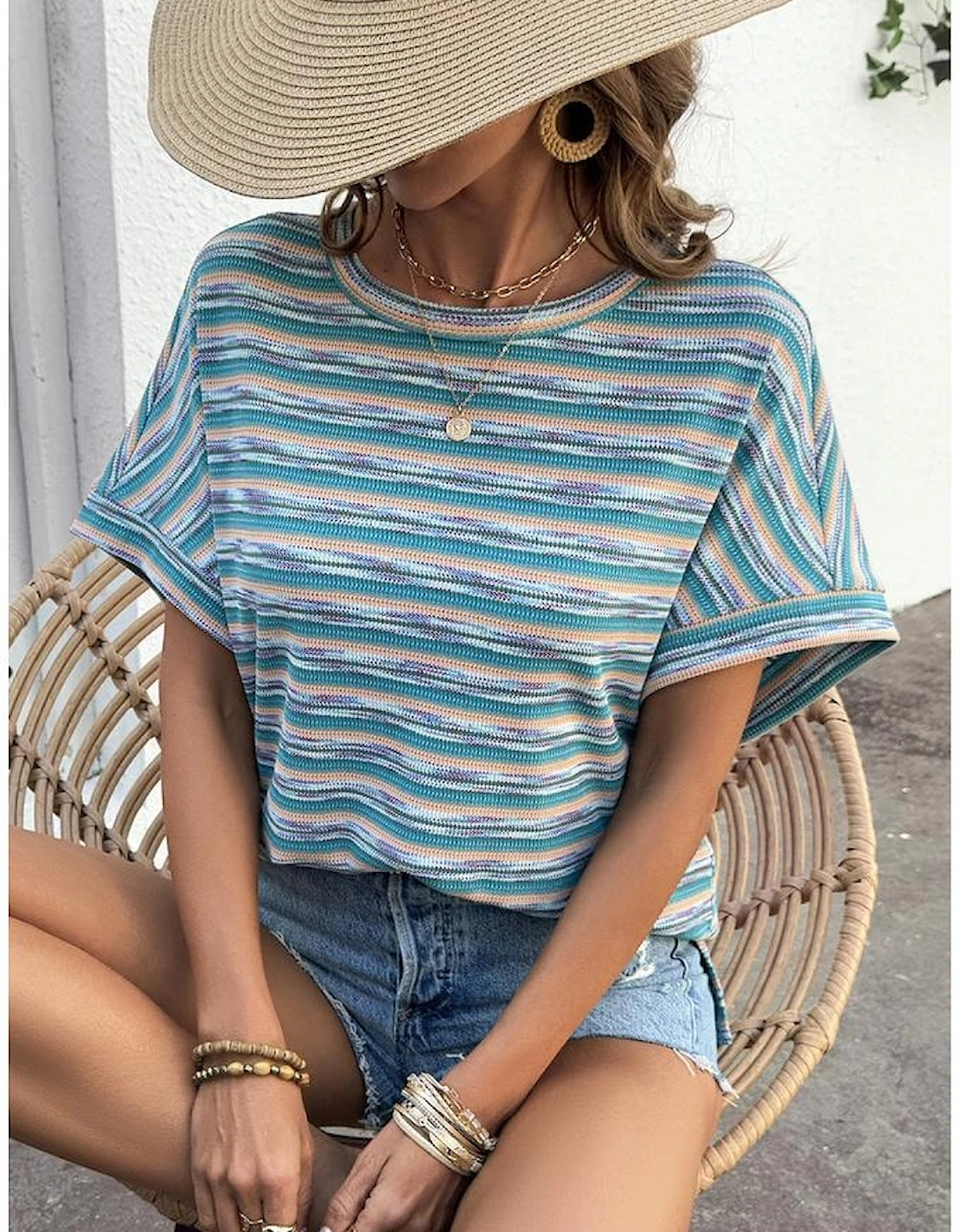 Multicolour Striped Wide Sleeve Loose T Shirt