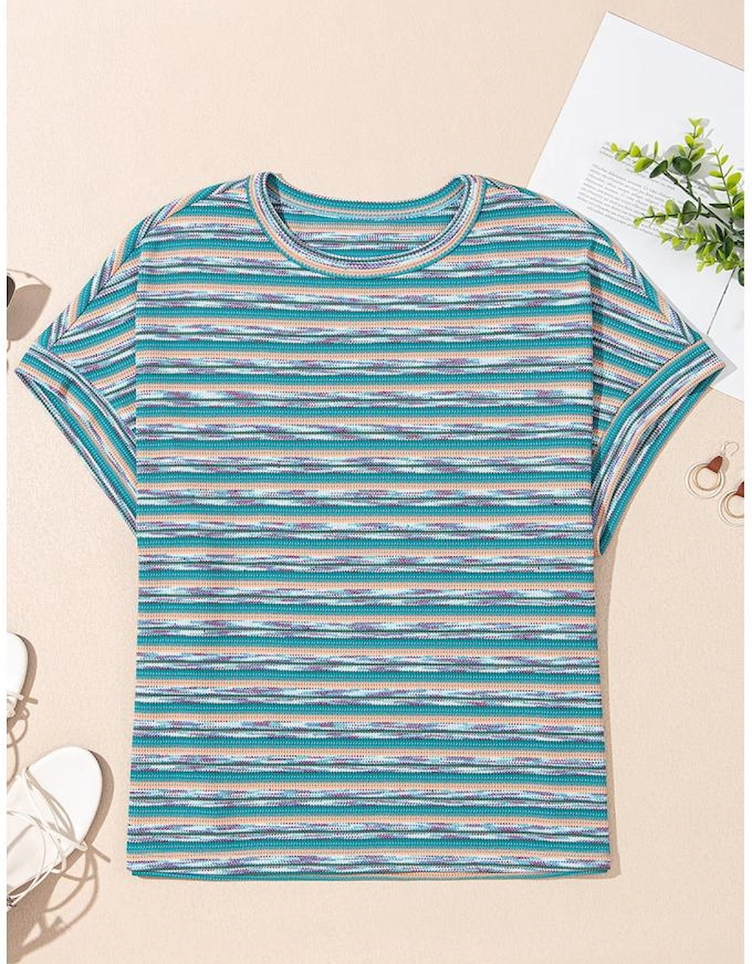 Multicolour Striped Wide Sleeve Loose T Shirt
