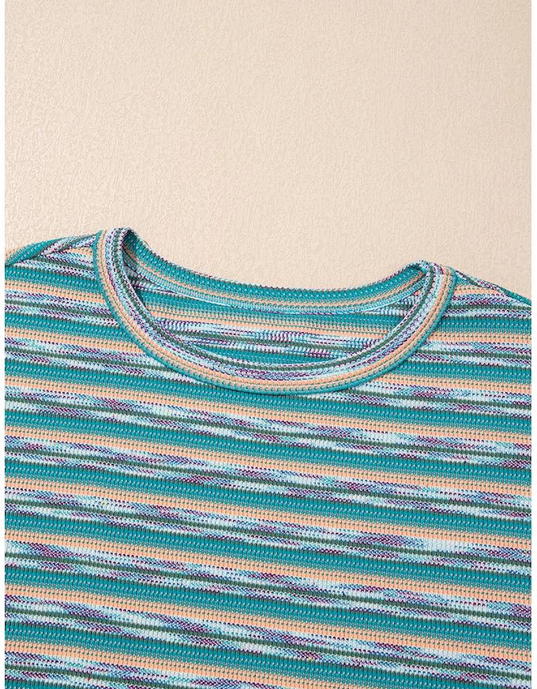 Multicolour Striped Wide Sleeve Loose T Shirt