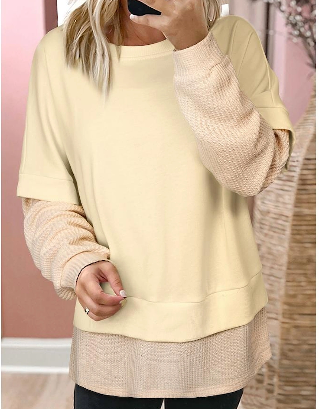Apricot 2 in 1 Faux Two Piece Patchwork Round Neck Sweatshirt